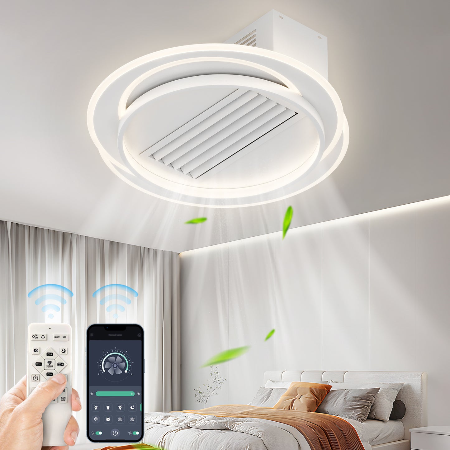 OLUZO 21.6" Modern Bladeless Ceiling Fan with Light and Remote & APP Control【get 50% coupon , buy on amz with code】