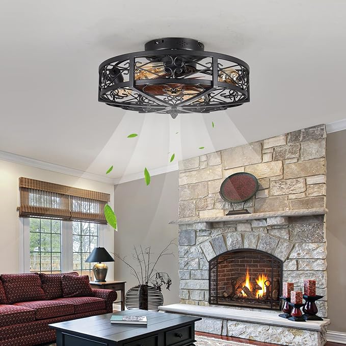 OLUZO 20" Caged Farmhouse Flush Mount Ceiling Fan with Light