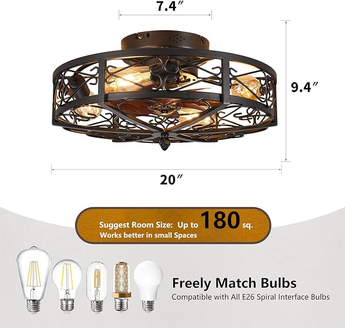 OLUZO 20" Caged Farmhouse Flush Mount Ceiling Fan with Light