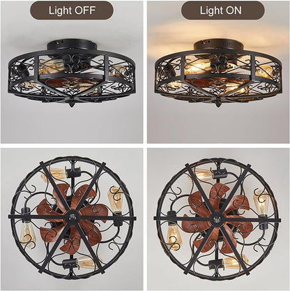 OLUZO 20" Caged Farmhouse Flush Mount Ceiling Fan with Light