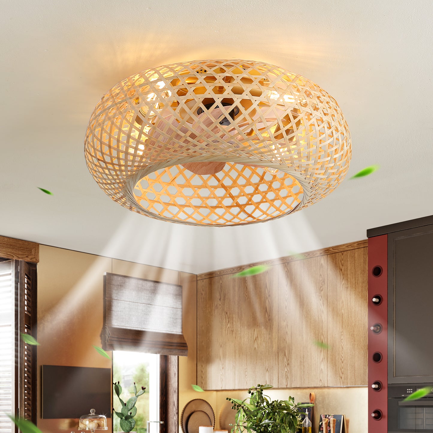 OLUZO 20" Boho Bamboo Ceiling Light with Fan【get 10% coupon , buy on amz with code】