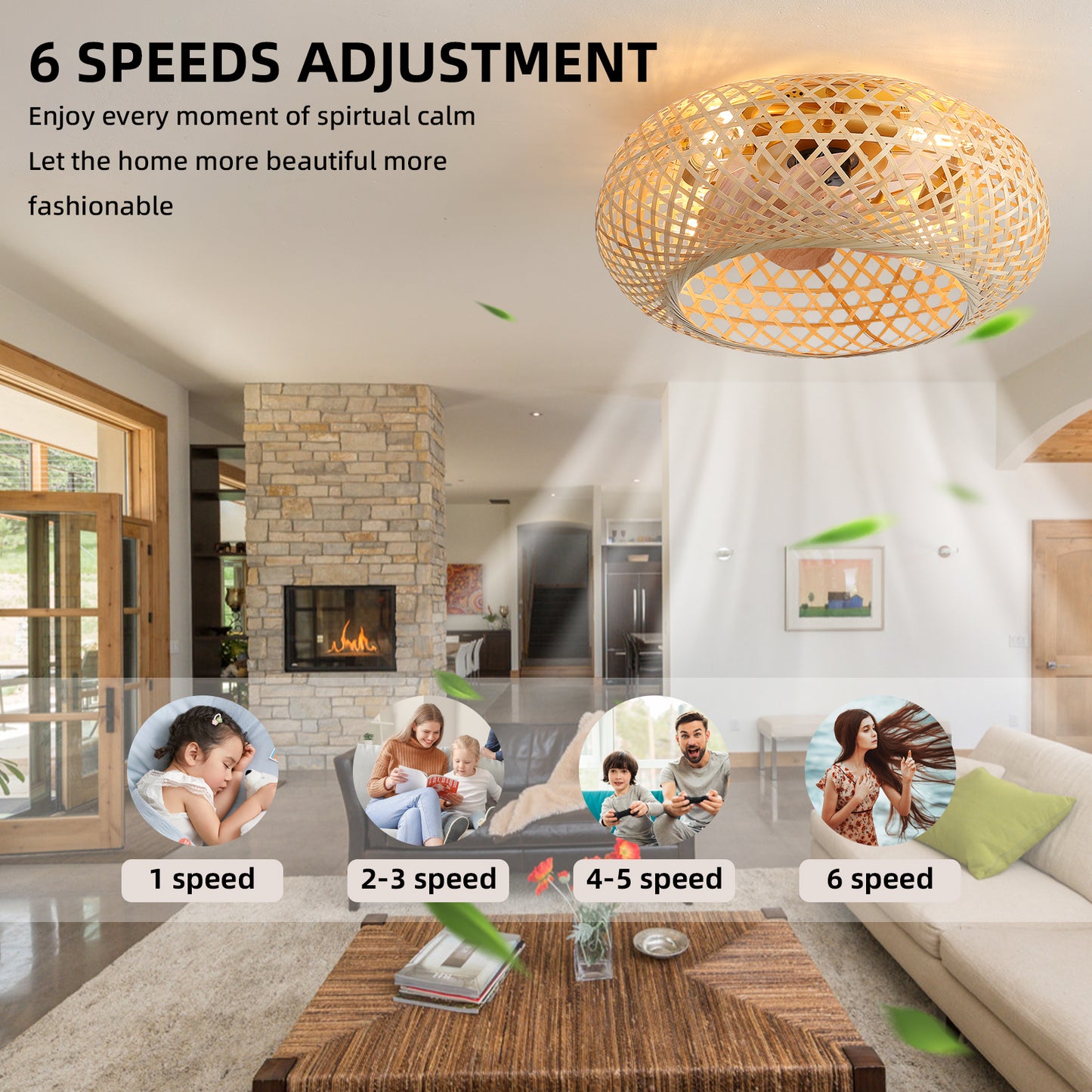 OLUZO 20" Boho Bamboo Ceiling Light with Fan【get 10% coupon , buy on amz with code】