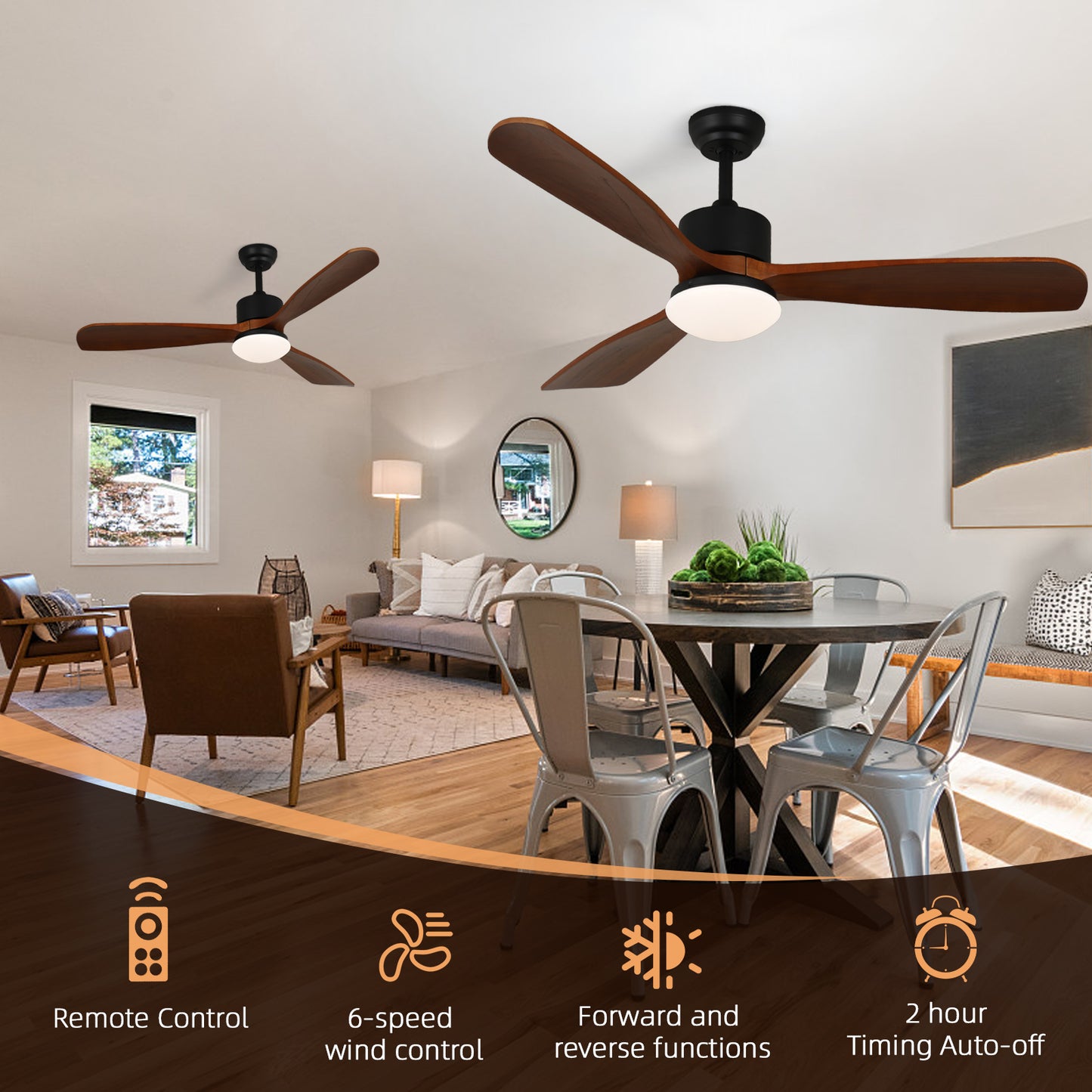 OLUZO 52" Ceiling Fan Light Wood Colour Straight Blade