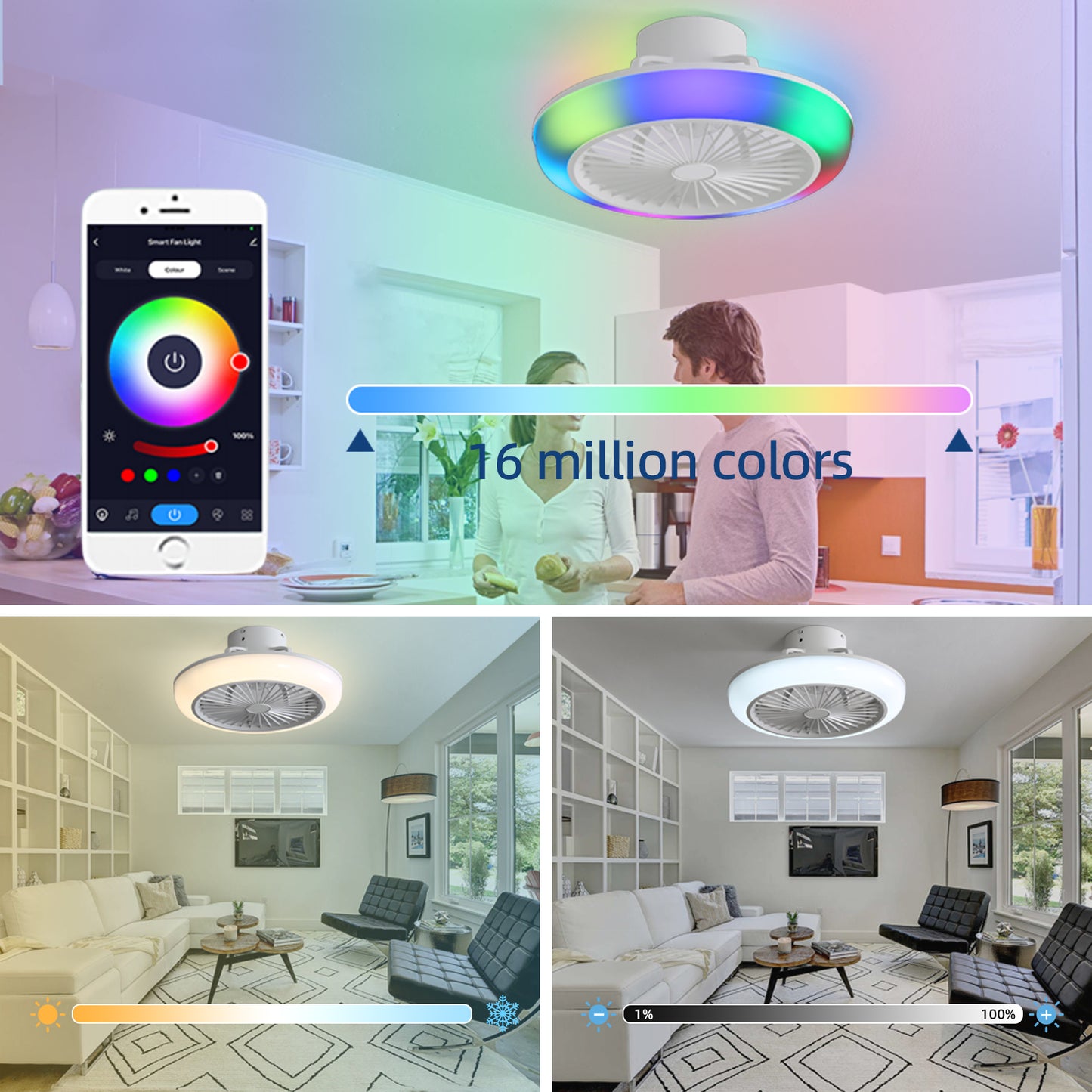 OLUZO 18 ” White Ceiling Fan with Modern Flush Mount LED-RGB Ceiling Light with Fan【get 20% coupon , buy on amz with code】