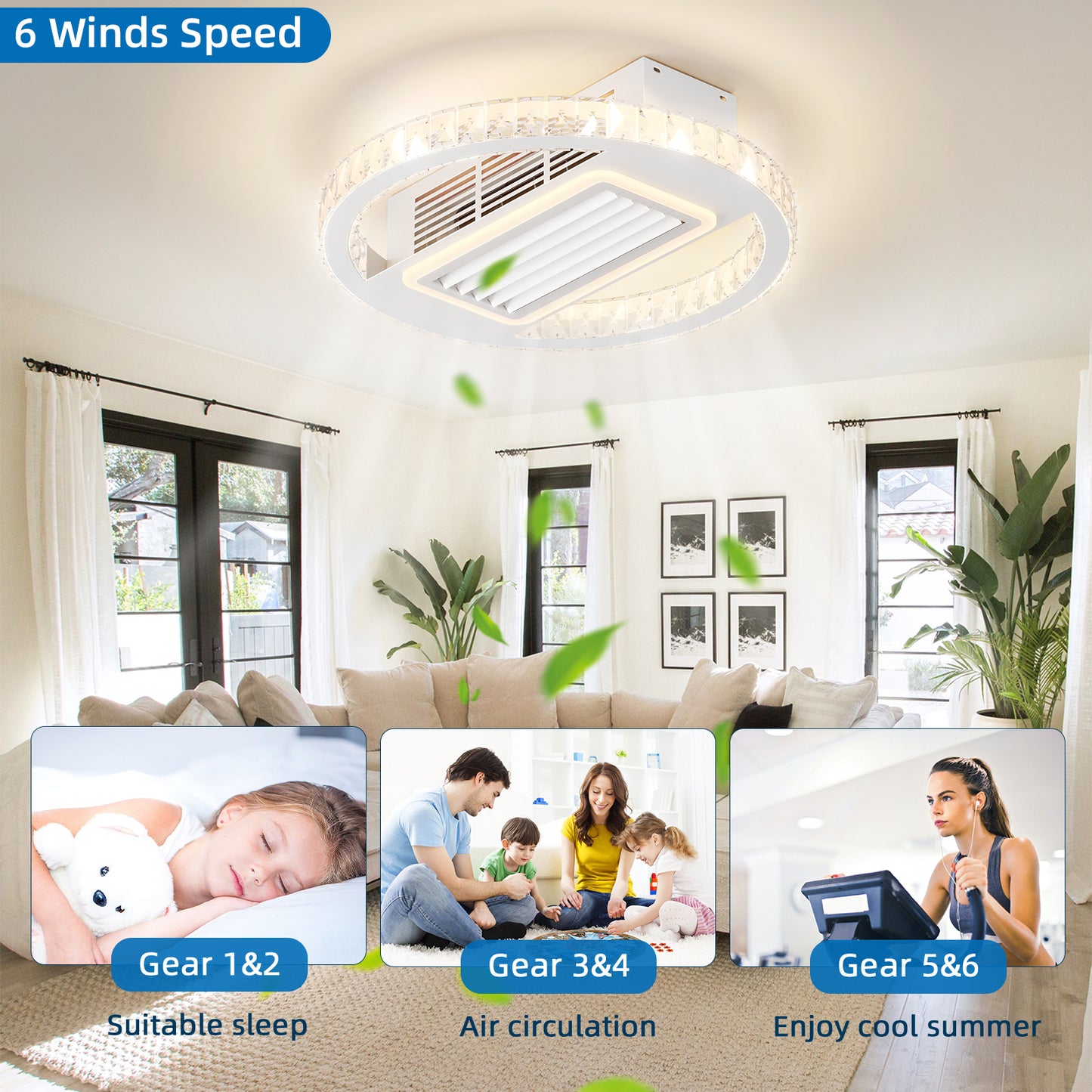 OLUZO 21" ceiling fan with light Modern Model Adjustable Speed Bladeless Fan