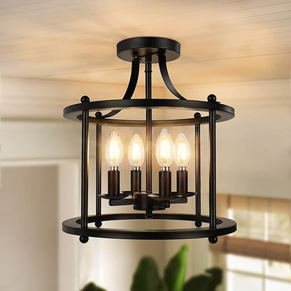 OLUZO Farmhouse Semi Flush Mount Ceiling Light Fixture, 4-Light Industrial Ceiling Light Matte Black w/ E12 Base Metal Rustic Vintage Chandelier Lighting for Kitchen Dining Room Hallway Entryway Bedroom