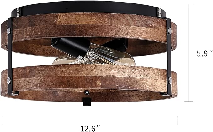 OLUZO 2-Light Rustic Flush Mount Light Fixture Oak Wood Round Drum Semi Flush Mount Ceiling Light