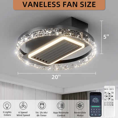 OLUZO 20" Modern Crystals Bladeless Ceiling Fan with Light