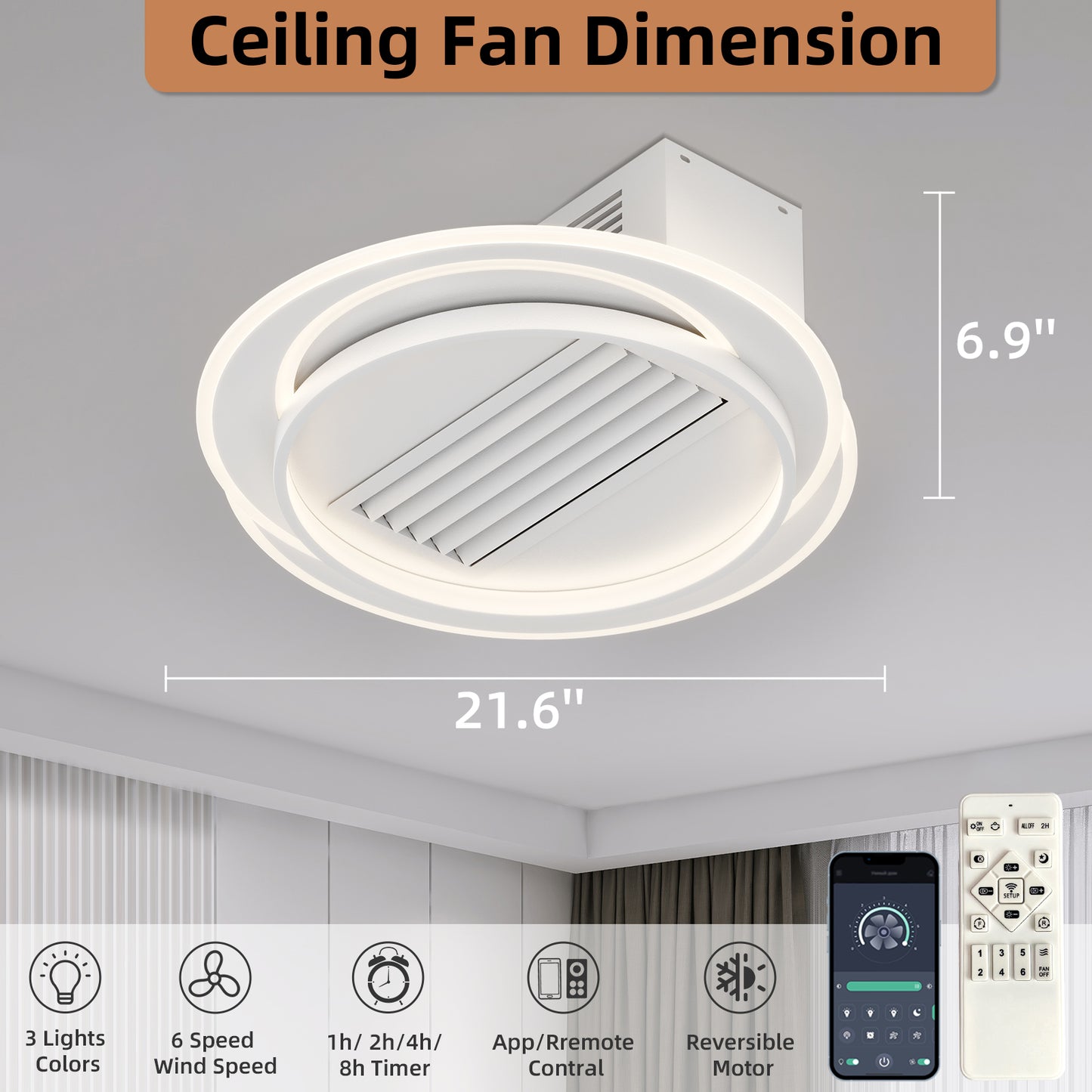 OLUZO 21.6" Modern Bladeless Ceiling Fan with Light and Remote & APP Control【get 50% coupon , buy on amz with code】