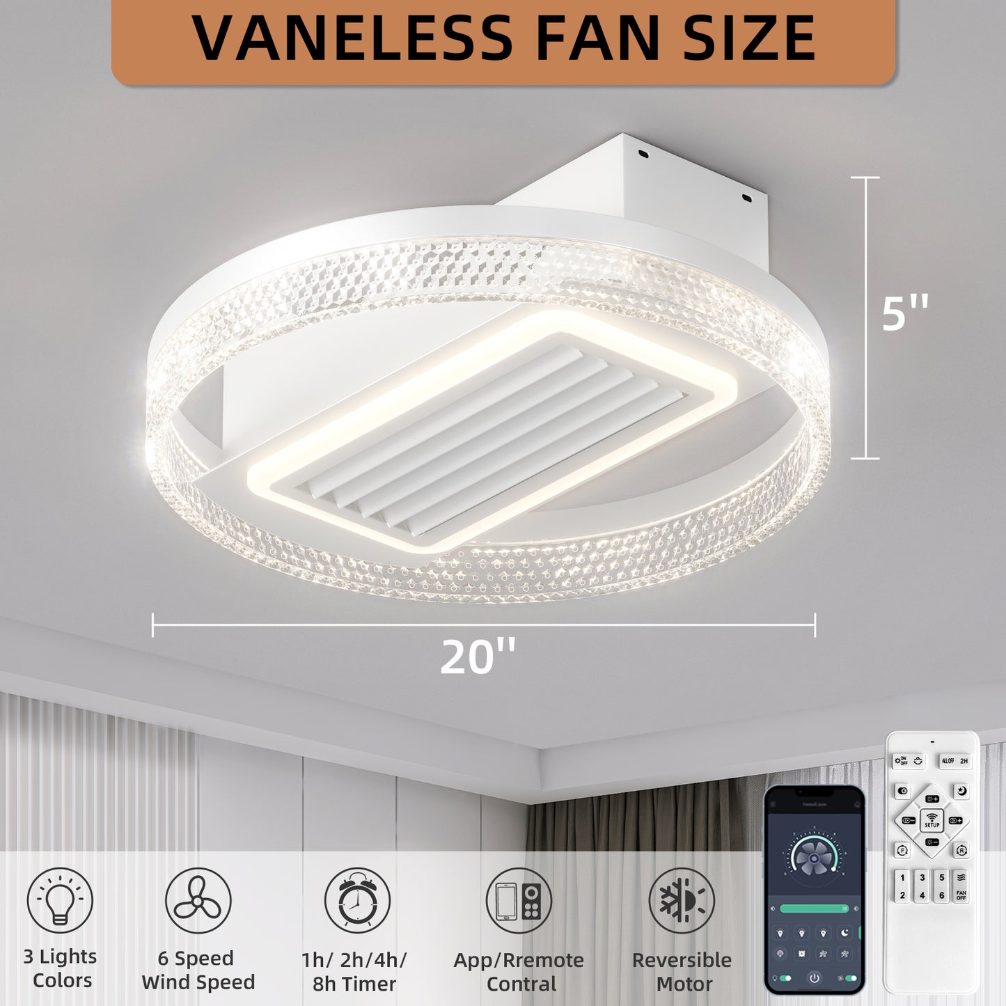 OLUZO 20" Ceiling Fan with Light Innovative Bladeless , LED Free Dimming