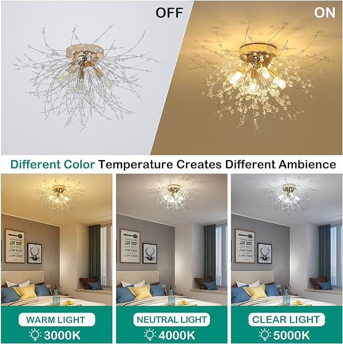 OLUZO 19.7" Gold Crystal Flush Mount Ceiling Light