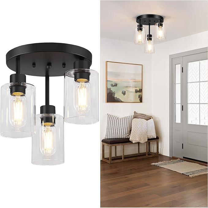 OLUZO Farmhouse Flush Mount Ceiling Light, Black 3-Light Hallway Light Fixtures Ceiling with Clear Glass Shades, Light Fixtures Ceiling Mount for Kitchen Living Room Foyer, E26 Base