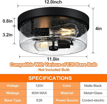 OLUZO Black Flush Mount Ceiling Light Fixtures, 2-Light Ceiling Mount for Farmhouse with Seeded Glass Lampshade, Industrial Flush Mount Light Fixture Farmhouse for Hallway, Kitchen, Entryway and Foyer