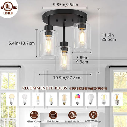 OLUZO Farmhouse Flush Mount Ceiling Light, Black 3-Light Hallway Light Fixtures Ceiling with Clear Glass Shades, Light Fixtures Ceiling Mount for Kitchen Living Room Foyer, E26 Base