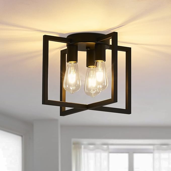 OLUZO 3-Light Ceiling Light Fixture, Black Semi-Flush Mount Chandelier with Geometric Metal Shade, Far