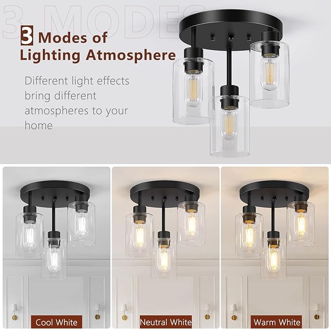 OLUZO Farmhouse Flush Mount Ceiling Light, Black 3-Light Hallway Light Fixtures Ceiling with Clear Glass Shades, Light Fixtures Ceiling Mount for Kitchen Living Room Foyer, E26 Base