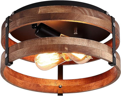 OLUZO 2-Light Rustic Flush Mount Light Fixture Oak Wood Round Drum Semi Flush Mount Ceiling Light