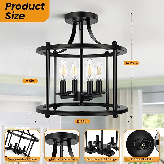 OLUZO Farmhouse Semi Flush Mount Ceiling Light Fixture, 4-Light Industrial Ceiling Light Matte Black w/ E12 Base Metal Rustic Vintage Chandelier Lighting for Kitchen Dining Room Hallway Entryway Bedroom