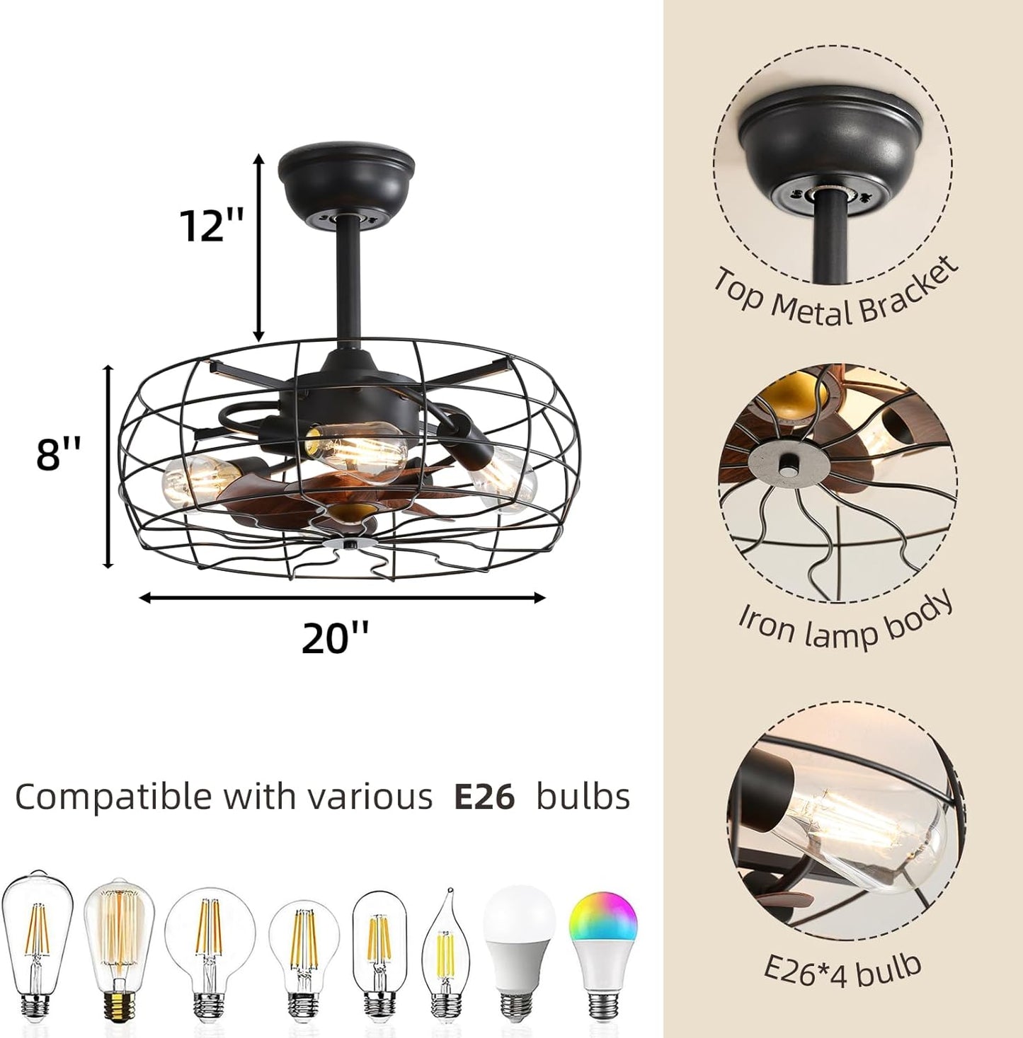 OLUZO 20" Low Profile Enclosed Ceiling Fans with Lights