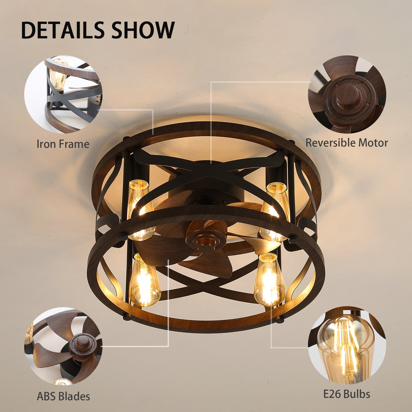 OLUZO 18" Caged Ceiling Fan with Lights Remote Control for APP 6 Wind Speeds