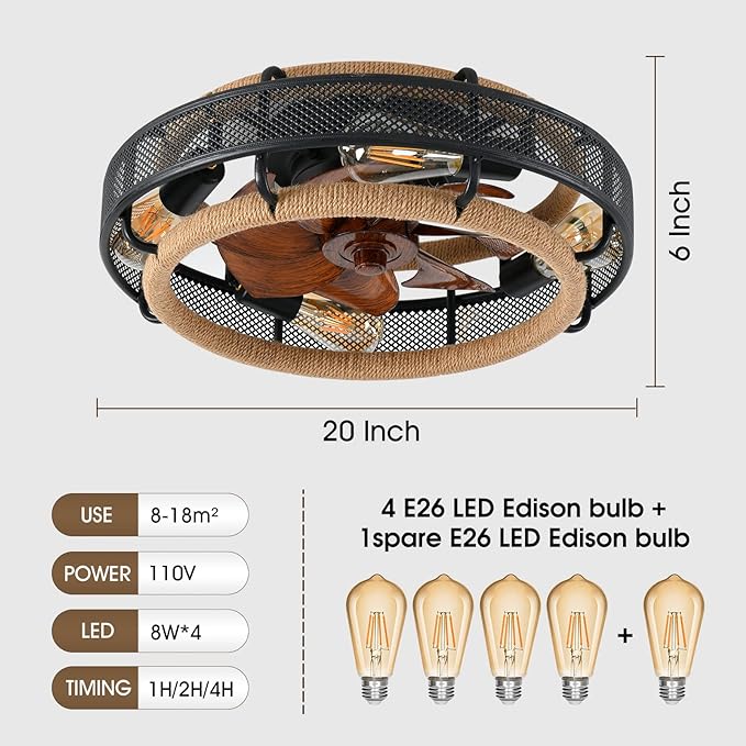 OLUZO 20“ Woven Cage Low Profile Ceiling Fans With Lights