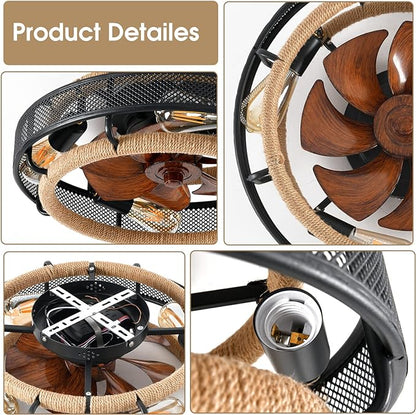 OLUZO 20“ Woven Cage Low Profile Ceiling Fans With Lights