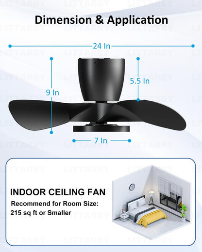 OLUZO 24" Reversible Black Modern Dimmable Ceiling Fan