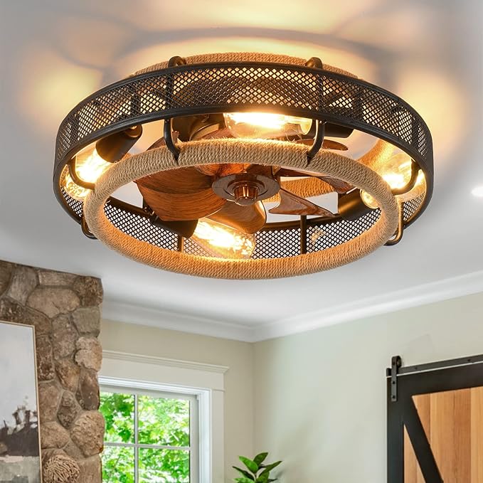 OLUZO 20“ Woven Cage Low Profile Ceiling Fans With Lights