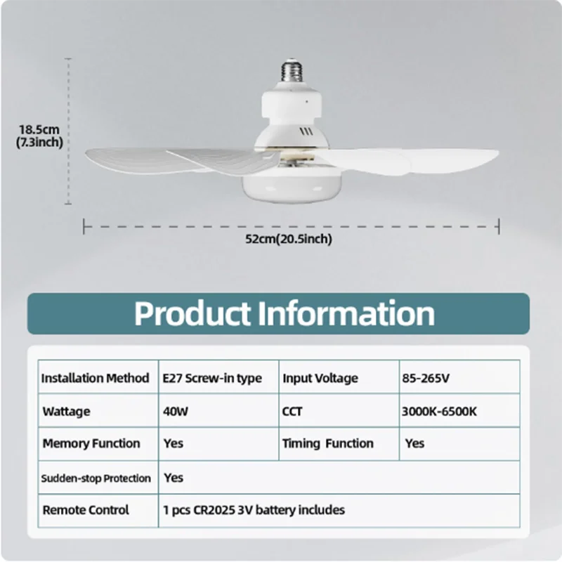 OLUZO 20" Socket Ceiling Fan with Light and Remote Control