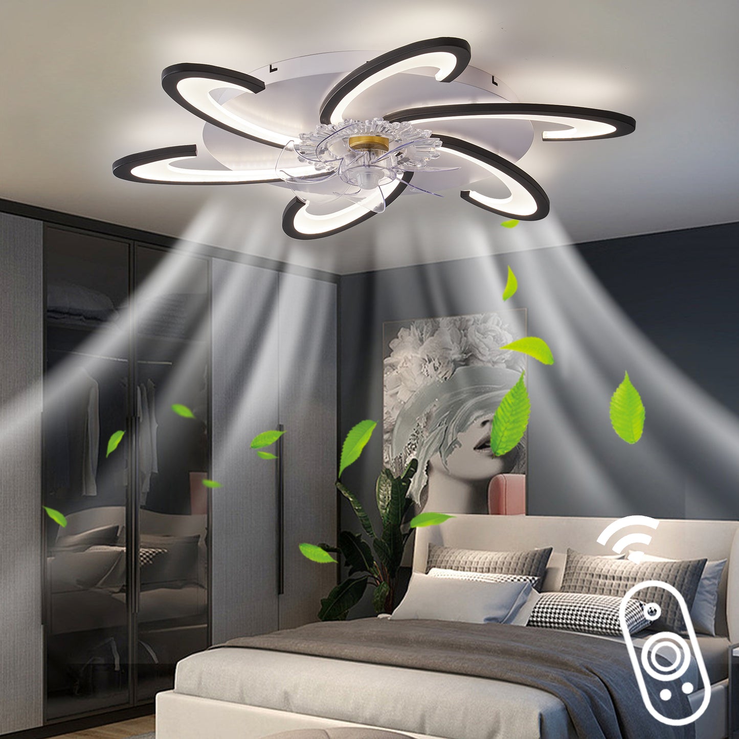 OLUZO 32" Ceiling Fan with Lights Remote Control Dimmable LED